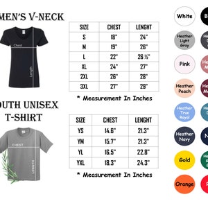 May include: Size charts for Women's V-neck and Youth Unisex T-shirts, with measurements in inches. The image displays chest and length dimensions. Colour options include white, black, pink, and various heather shades, plus navy, gold, orange, and red.