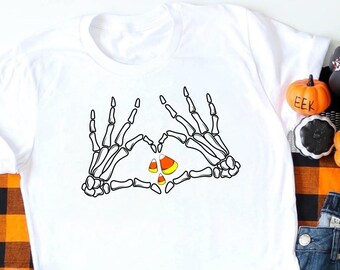 Candy Corn Shirt, Skeleton Heart Hands Shirt, Halloween Skeleton Shirt, Funny Halloween Shirt, Trick or Treat Shirt, Cute Halloween Shirt
