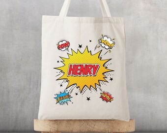 Personalized Kids Name Tote Bag, Comic Superhero Bag, Custom Book Bag, School, Preschool Kindergarten Elementary Canvas Bag, Cute Kids Tote