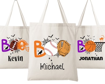 Personalized Halloween Custom Canvas Tote Baseball Basketball Football Soccer Trick Or Treat Sports Bag Kids Goodie Gift Boo Bag
