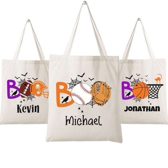 Personalized Halloween Custom Canvas Tote Baseball Basketball Football Soccer Trick Or Treat Sports Bag Kids Goodie Gift Boo Bag