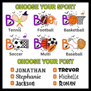 Op de afbeelding: Een grafisch ontwerp met een paarse "BOO" met verschillende sportballen en -uitrusting. De sporten omvatten tennis, voetbal, basketbal, voetbal, multisport en honkbal. Het ontwerp bevat ook een selectie van lettertypen met zes verschillende lettertypen die van A tot F zijn gelabeld.