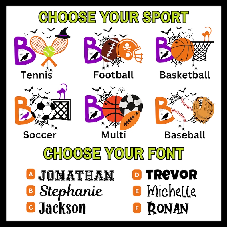 Op de afbeelding: Een grafisch ontwerp met een paarse "BOO" met verschillende sportballen en -uitrusting. De sporten omvatten tennis, voetbal, basketbal, voetbal, multisport en honkbal. Het ontwerp bevat ook een selectie van lettertypen met zes verschillende lettertypen die van A tot F zijn gelabeld.