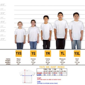 May include: A chart showing youth t-shirt sizes with corresponding measurements in inches for length and width. The chart includes sizes YXS, YS, YM, YL, and YXL. Each size is represented by a child wearing a white t-shirt.