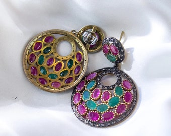Handmade Ruby, Emerald & Diamond 925 Sterling Silver Earrings