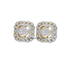 Natural Uncut Polki & Single Cut Diamond Stud Earring, 925 Sterling Silver, Polki Diamond Stud, Handmade Designer, Polki Diamond Earring.