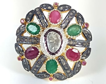 925 Sterling Silver Victorian Ring: Ruby, Emerald, Polki & Pave Diamond Jewelry