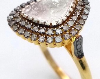 Anillo victoriano de diamantes Polki: joyería de plata de ley 925 bañada en oro de 14 quilates