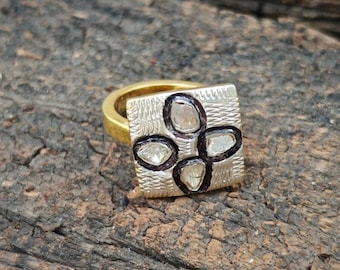 Anillo de diamantes Polki de talla cojín: Art Déco, plata de ley 925 bañada en oro de 14 quilates