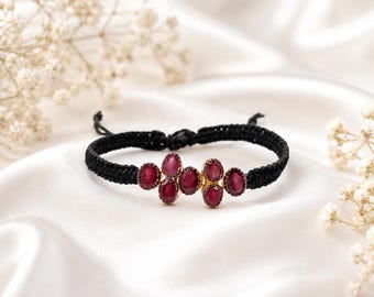Ruby Gemstone Bracelet, 925 Sterling Silver Adjustable Cord Bracelet for Women