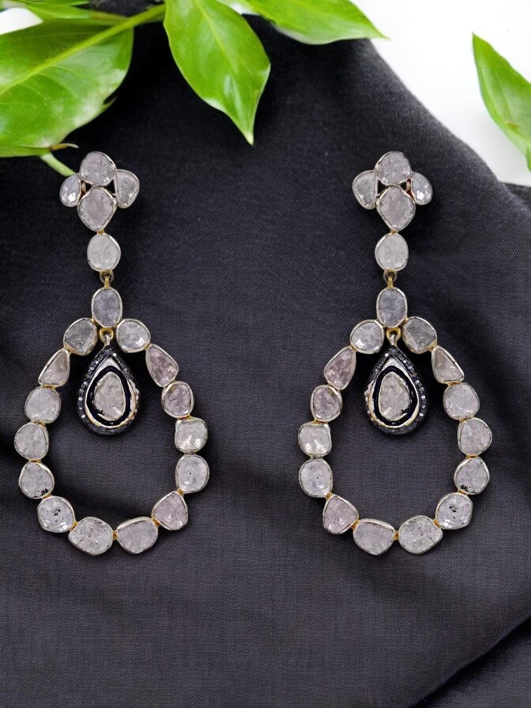 Boucles D'oreilles Mariage Diamants Polki Véritables - Argent 925 Fait Main, Inde