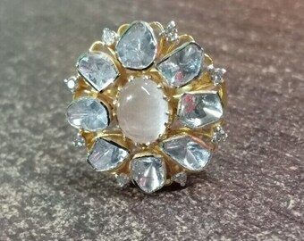 Blumen Mondstein Ring: 925 Sterling Silber Polki Diamant Vergoldeter Schmuck