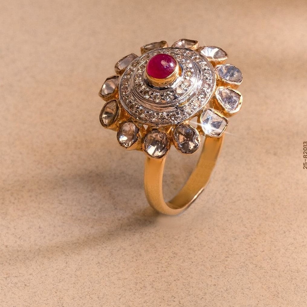 Victorian Ruby Polki Diamond Ring: Gold Plated 925 Sterling Silver