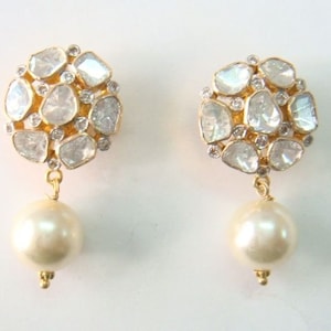 925 Sterling Silver, Natural Polki Diamond, Pearl & Pave Diamond Earring, Polki Earring, Victorian Vintage Earrings, Anniversary Earring.