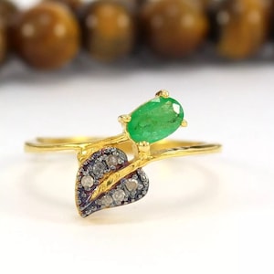 Natural Emerald & Pave Diamond Ring, 925 Sterling Silver, Emerald Ring, Leaf Shape Ring, Gold Plated , Victorian Vintage Ring, Gift For Her