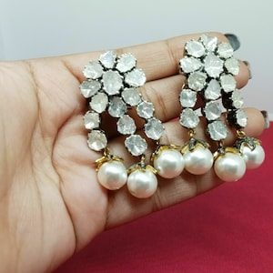 Uncut Polki Diamond & Pearl Earring Floral Diamond  Earring 925 Sterling Silver Polki Earring Wedding Earring Polki Jewelry Gift For Her