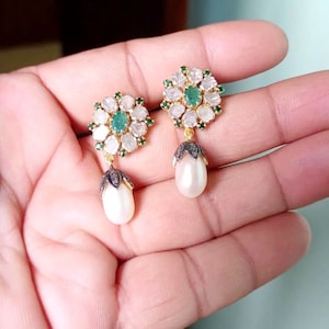 Natural Emerald & Polki Diamond, Pearl Earring, 925 Sterling Silver, Polki Diamond Earring, Handmade Designer, Wedding Gift Gorgeous Earring
