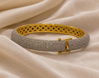 Pave Diamond Bangle Bracelet, 925 Sterling Silver Gold Plated Luxury Jewelry