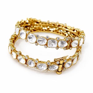 Conjunto de brazaletes llamativos con diamantes Polki naturales, joyería hecha a mano en plata de ley 925 bañada en oro.
