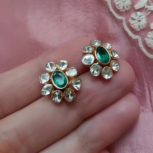 Natural Emerald & Polki Diamond Earring, 925 Sterling Silver, Floral Earring, Polki Jewelry Earring Handmade Designer Earring, Earrings