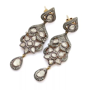 925 Sterling Silver, Uncut Polki & Pave Diamond Earring, Handmade Designer, Polki Jewelry, Victorian Vintage, Polki Earring, Wedding Earring