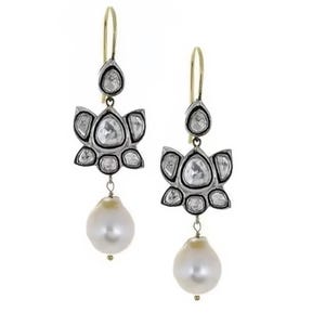 Natural Rose Cut Polki & Pearl, Earring 925 Sterling Silver Polki Diamond Earring Handmade Designer Pearl Earring Wedding Earring.