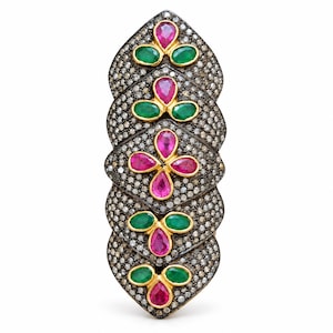 Ruby Emerald Statement Ring, 925 Sterling Silver with Natural Diamond Accents, Long Floral Cocktail Ring