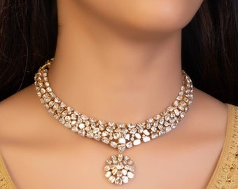 Victorian Uncut Polki Diamond Necklace: Gold Plated Sterling Silver Bridal Jewelry