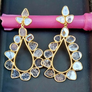 925 Sterling Silver Gold Plated Earring Polki Diamond Earring Handmade Designer Uncut Diamond Earring Polki Jewelry Anniversary Gift