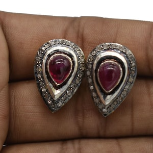Drop Earring Natural Ruby & Rose Cut Polki Stud, Pave Diamond Earring 925 Sterling Silver Polki Diamond Stud Earring Red Ruby Stud Earring