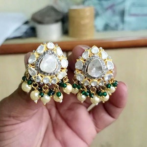 Uncut Polki Diamond & Pearl, Green Onyx Earring, 925 Sterling Silver Victorian Vintage Earring, Polki Diamond Earring, Wedding Earring