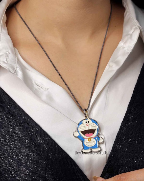 Doraemon's Bell シルバーネックレス ドラえもん　ドラえもんズベル Enamel Doraemon Pendant: 925 Sterling Silver Diamond Anime