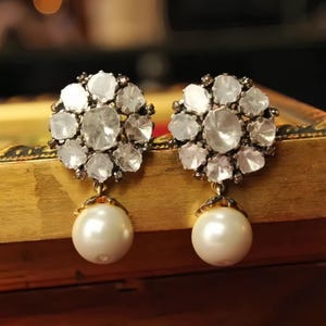 Polki Diamond & Pearl Earring, Handmade Designer Earring, Polki Earring, 925 Sterling Silver, Polki, Pave Diamond Earring, Engagement Gift