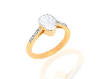 14K Vergoldete Natürliche Uncut Polki Diamant Ring 925 Sterling Silber Schmuck