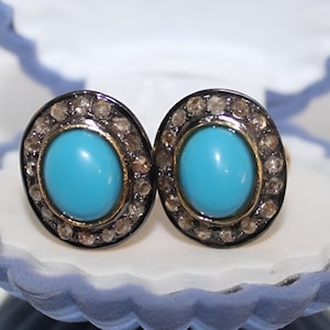 Turquoise & Diamond Stud Earring 925 Sterling Silver Engagement Stud Gift Turquoise Earring Diamond Stud Gemstone Stud Earring Jewelry