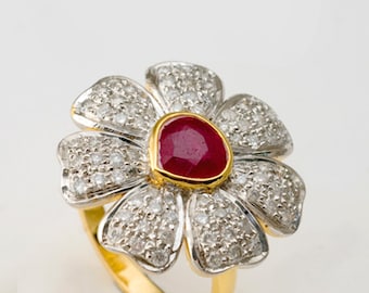 Natural Ruby Diamond Ring: Handmade 925 Sterling Silver Victorian Design