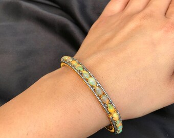 Handmade Opal Bangle: Pave Diamond, 925 Sterling Silver Gold Plated Jewelry