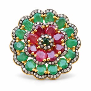 Statement ring met bloemenmotief van natuurlijke smaragd en robijn, verguld 925 sterling zilver, cocktailring met pavé diamanten, Victoriaanse sieraden
