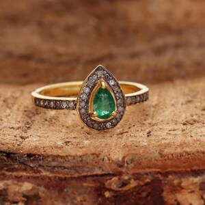 Natural Emerald & Diamond Ring, Handmade Designer Pear Shape Emerald Ring, 925 Sterling Silver Victorian Vintage Jewelry, Proposal Ring.