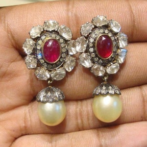 Wedding Jewelry, Natural Ruby & Polki Diamond Earring, 925 Sterling Silver, Handmade Designer Pearl Earrings, Gift for Her