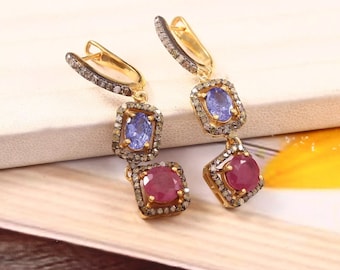 Boucles d'oreilles diamant tanzanite rubis pavé : argent sterling plaqué or