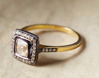 Natural Rose Cut Polki & Pave Diamond Ring, Victorian Vintage Style, 925 Sterling Silver Wedding Engagement Jewelry