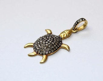 Sterling Silver Pave Diamond Turtle Pendant - Gold Plated Victorian Charm
