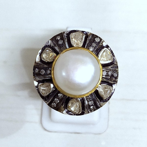 Pearl Ring Polki And Pave Diamond Ring Handmade Ring Diamond Ring Wedding Jewelry Ring Victorian Vintage 925 Sterling Silver Wedding Jewelry