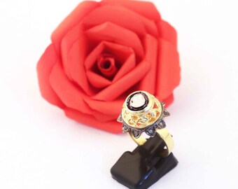 Anillo Polki victoriano: diamante de talla rosa, joyería artesanal de plata de ley.