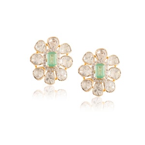 Natural Emerald & Polki Diamond Stud Earring, Gorgeous Polki Earring, 925 Sterling Silver, Handmade Designer, Polki Earring, Wedding Gift