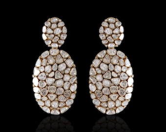 Handmade Victorian Polki Diamond Earrings: 925 Sterling Silver Jewelry