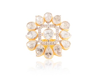 Handgemachter vergoldeter Polki Diamant Ring: 925 Sterlingsilber