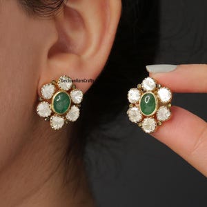 Natürliche Roes Cut Polki Diamant & Smaragd Ohrring, 925 Sterling Silber Pave Diamant Ohrring, Hochzeit perfektes Geschenk für Sie, viktorianischer Ohrstecker.
