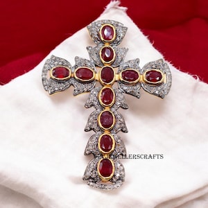 925 Sterling Silver Gold Plated Pendant, Ruby Gemstone Cross, Pave Diamond, Victorian Handmade Jewelry, Birthday Gift, Cross Pendant.